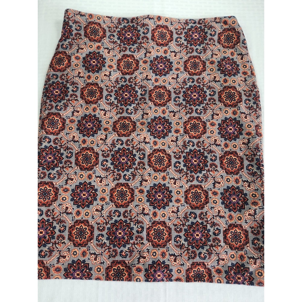 Loft Womens Size 10 Medallion Boho Pencil Skirt Grey Orange Cotton Blend